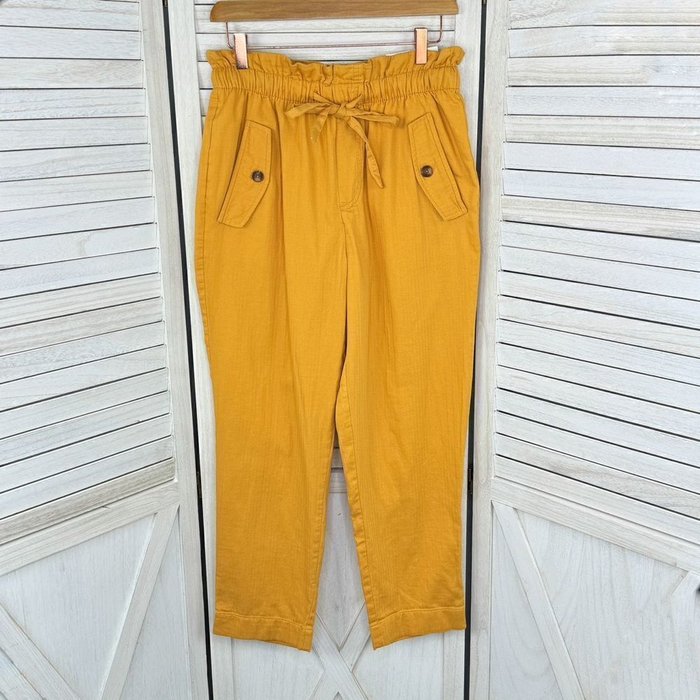 Loft High Rise Paper Bag Straight Leg Crop Pants Yellow Small Elastic‎ Baggy